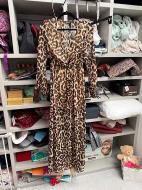 Leopard Print Long Sleeve maxi Dress - Brown